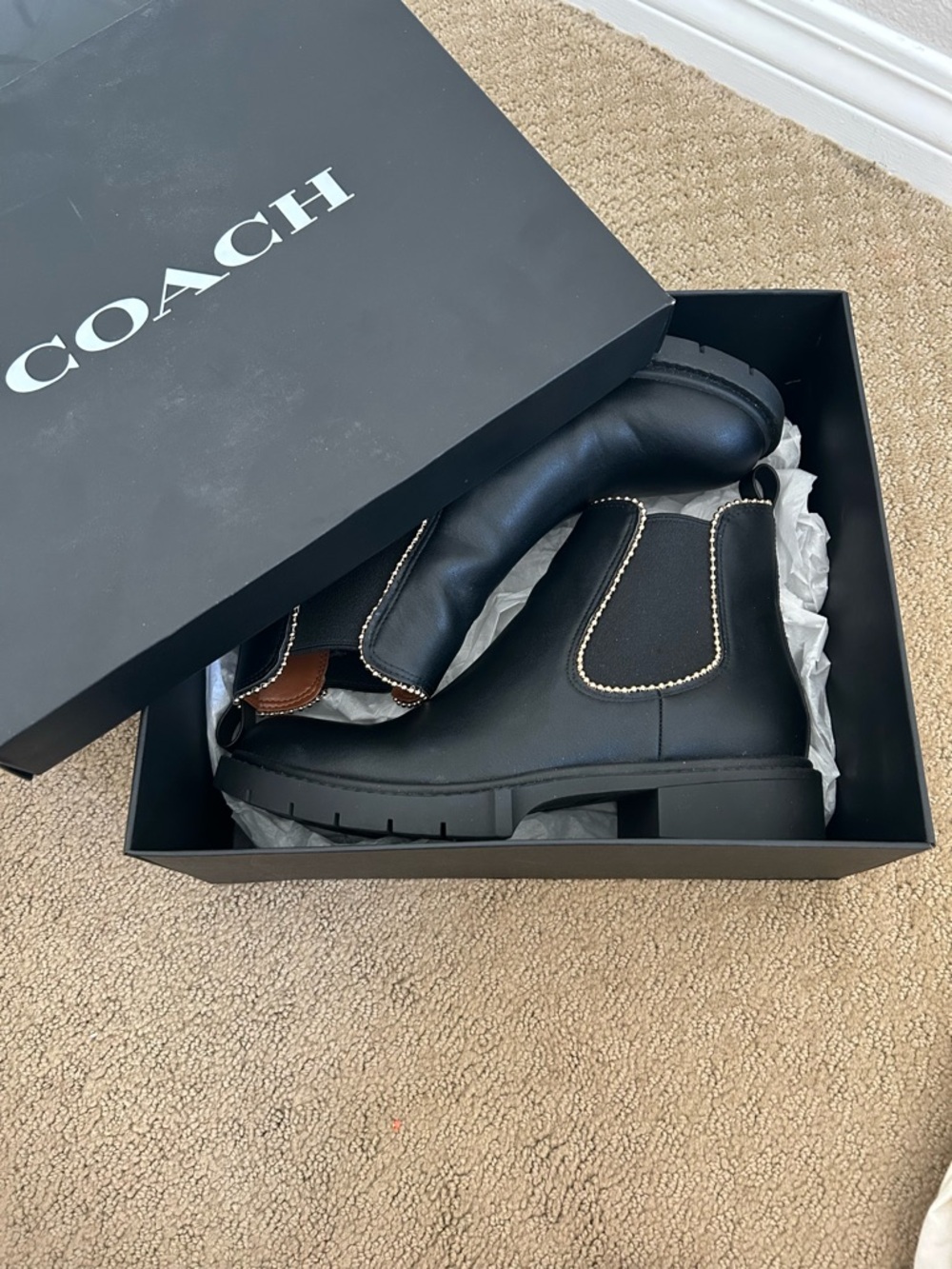 COACH Black Chelsea Boots with Gold Trim - Picture 1 of 4